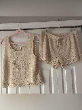 Joie Cream Crocheted Two Piece Tank and shorts with Tassel Tie Large